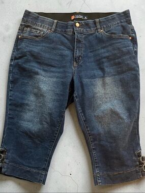 Dark Indigo Denim Capris with Buckle Detail - Women like new slightly stretchy